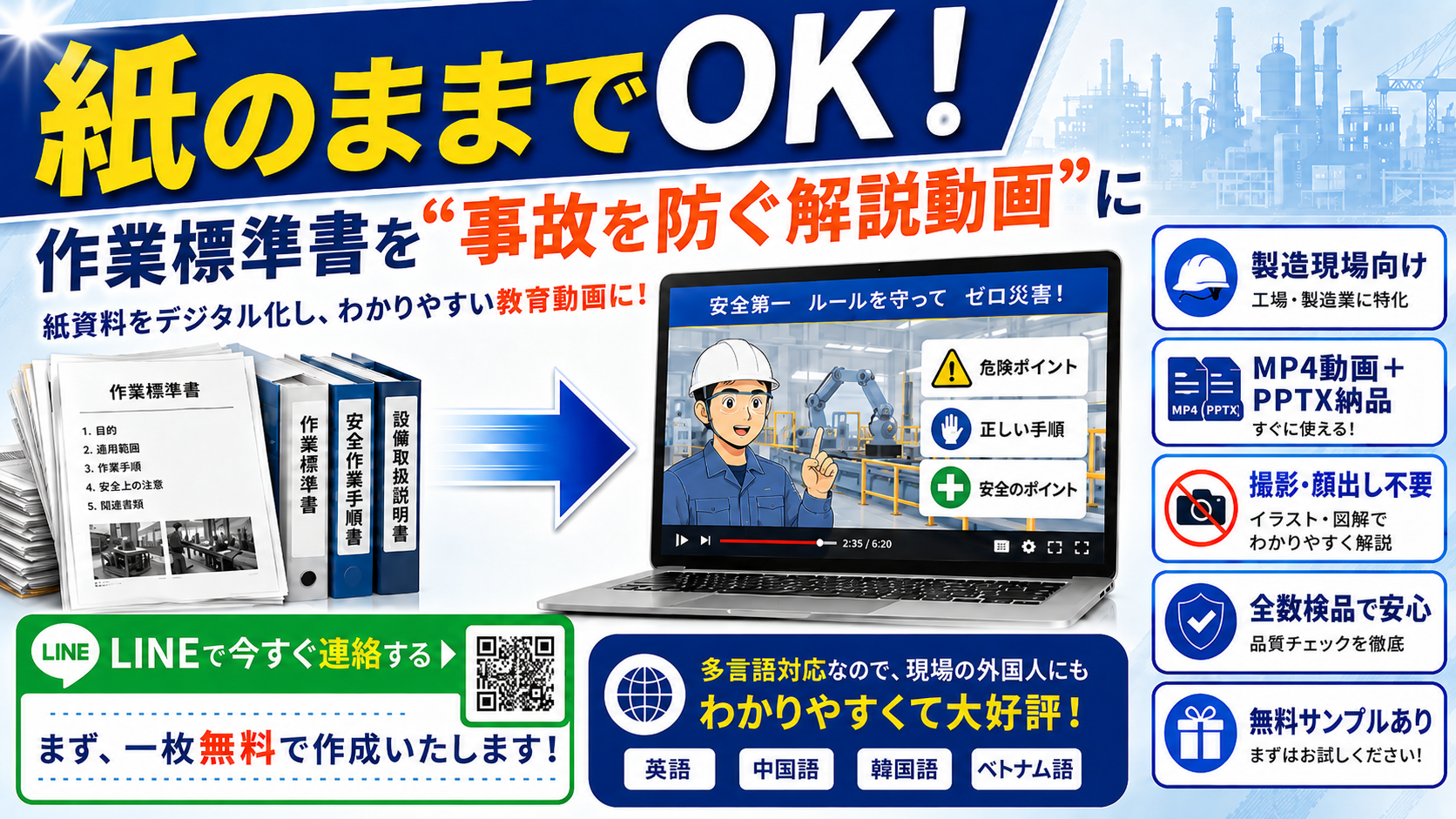 紙のままでOK、作業標準書を事故を防ぐ解説動画に変換するサービス紹介画像